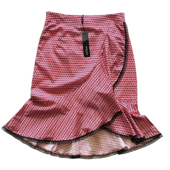 Beulah Style Button Blouse & Mermaid Skirt Pink Black Lace Ruffle Trim Set Sz M - Picture 4 of 16